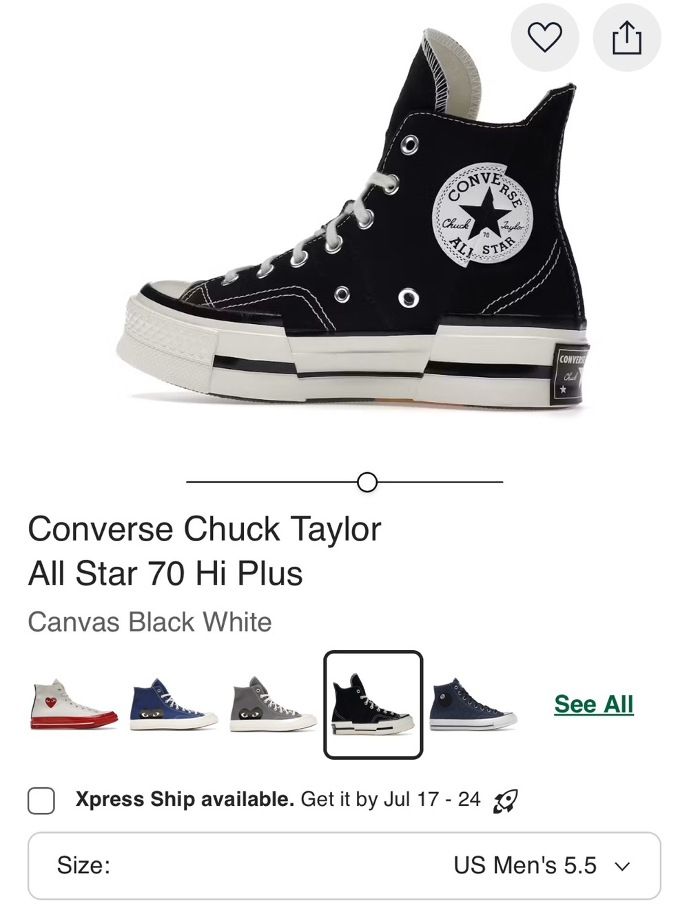 Brand new w tag Converse Chuck Taylor All Star 70 Hi Plus - Black & White Size 6